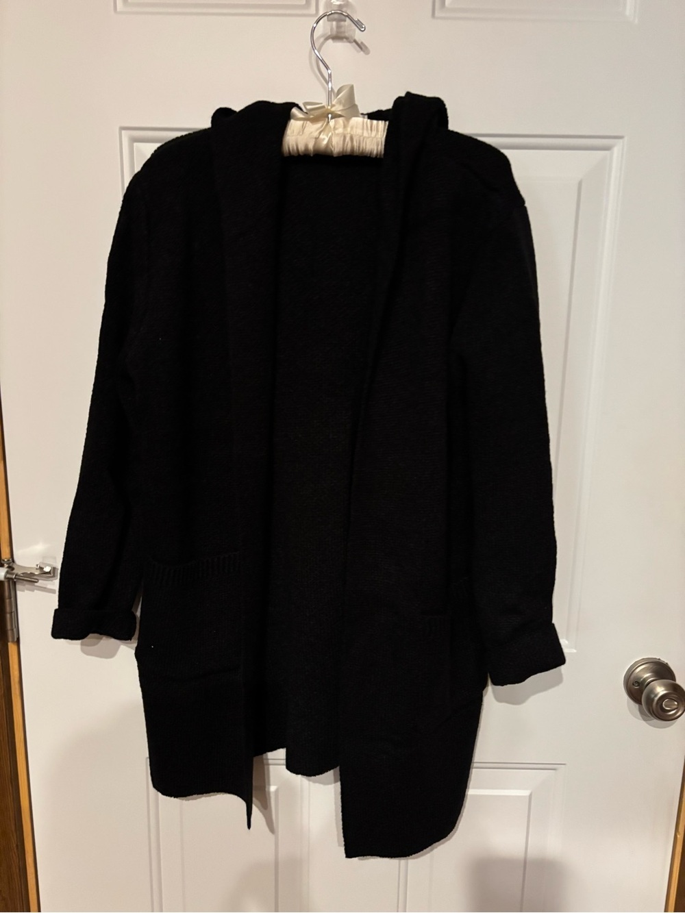 Zenana Black Hooded Open-Front Cardigan Sweater.  Small.